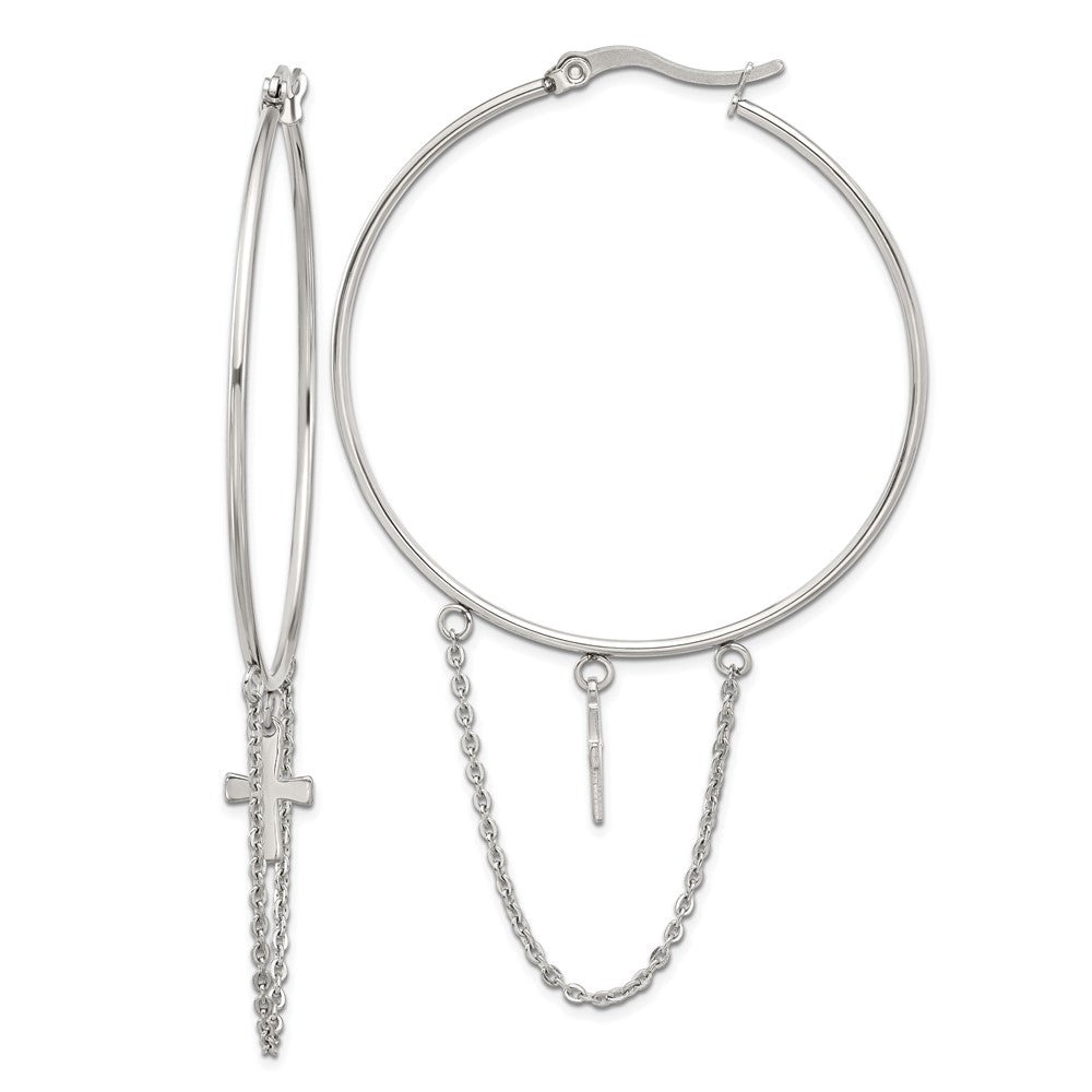 Stainless Steel Polished Chain and Cross Dangle Hoop Earrings