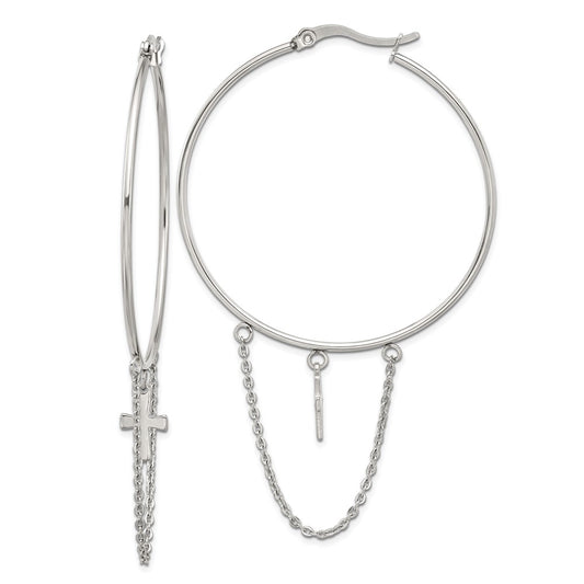 Stainless Steel Polished Chain and Cross Dangle Hoop Earrings