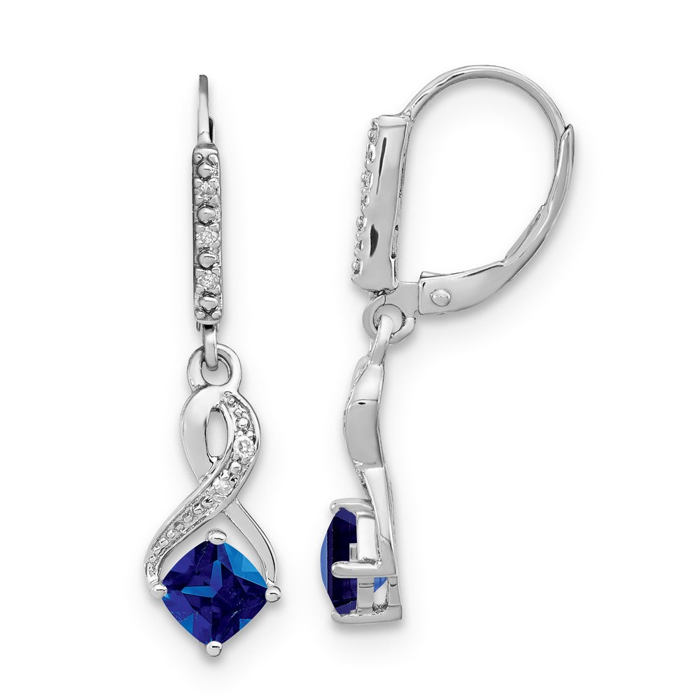 Sterling Silver Created Blue Sapphire & Diamond Leverback Dangle Earrings