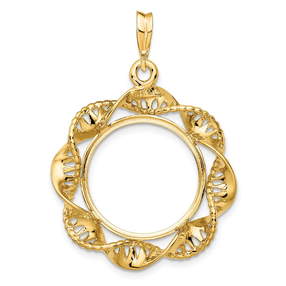 Wideband Distinguished Coin Jewelry 14k Polished Fancy Twisted Ribbon 17.8mm Prong Coin Bezel Pendant