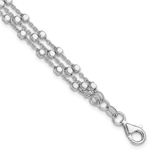 Sterling Silver Rh-plt 3 Strand Beaded 7.5in w/1in ext. Bracelet 8.5  inches