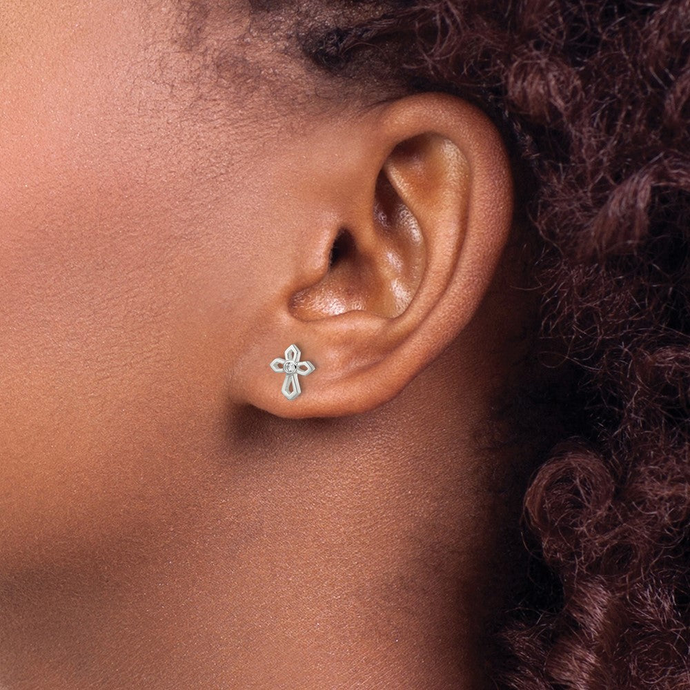 Sterling Silver Polished CZ Passion Cross Post Earrings