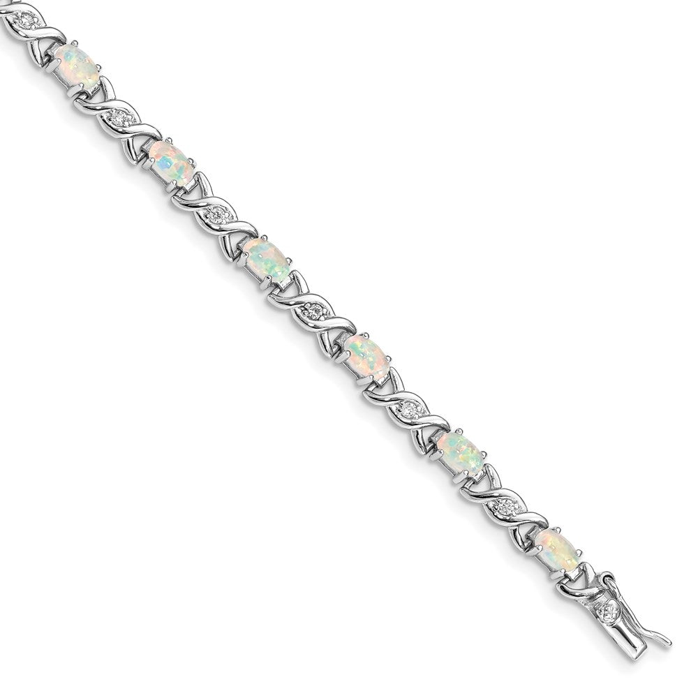 Sterling Silver 7.5inch Rhod-plated White Created Opal and CZ Bracelet 7.5 inches