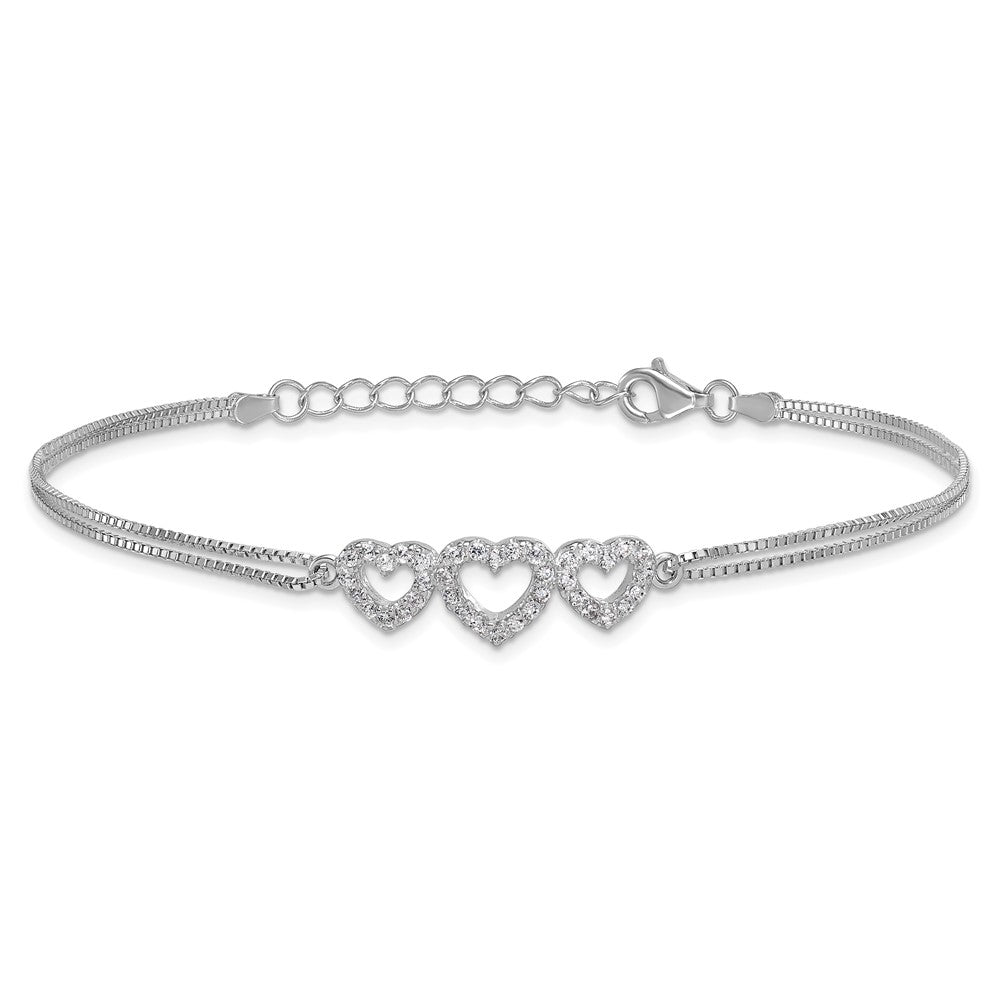 Sterling Silver Rhodium-plated Polished Three Linked CZ Open Hearts 7 inch Bracelet with 1 inch extension 7 inches