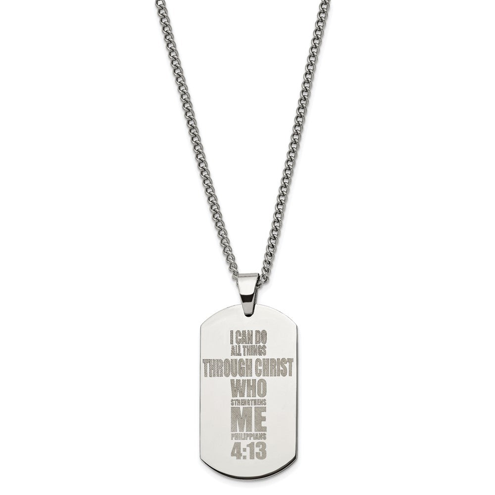 Stainless Steel Polished Lasered Philippians 4:13 Dog Tag 24in Necklace