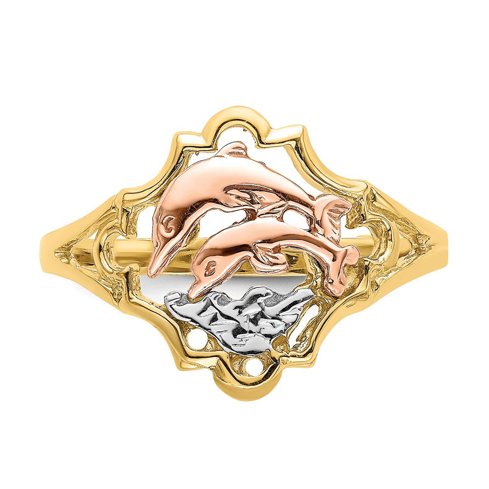 14K Yellow and Rose Gold W/Rhodium Double Dolphin Ring Size 6