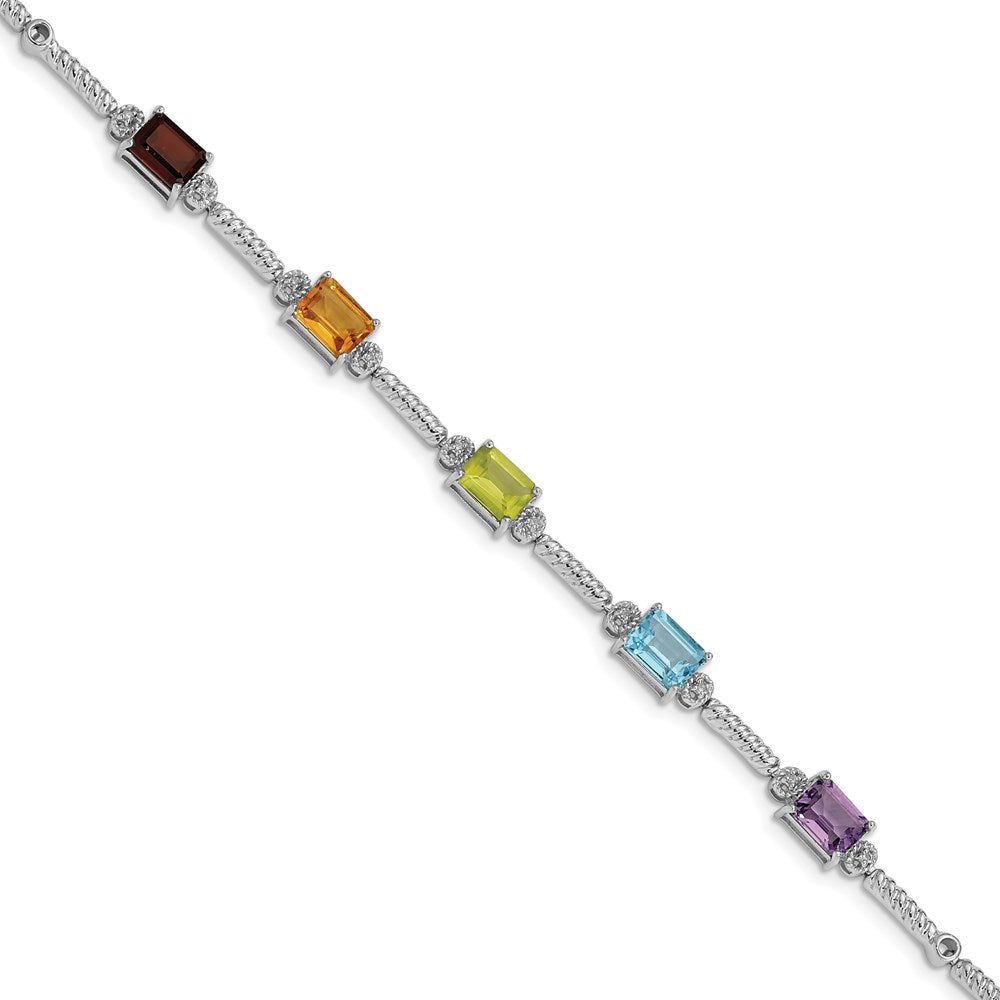 Sterling Silver Rhodium-plated Multi Gemstone & Diamond Tennis Bracelet 7.5 inches
