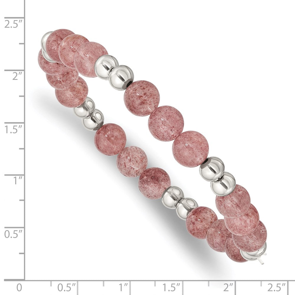 Stainless Steel Polished Strawberry Quartz Beaded Stretch Bracelet 7.25 inches