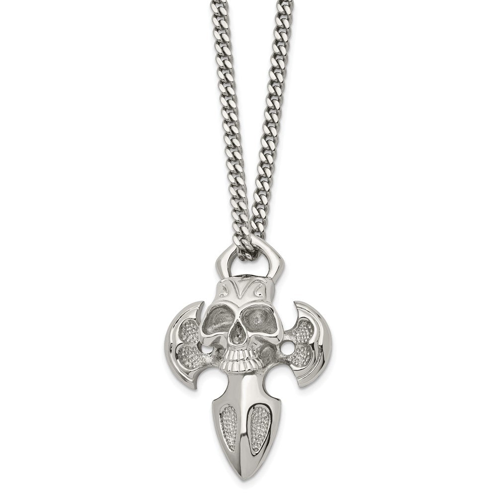 Stainless Steel Polished Cross with Skull 24in Necklace