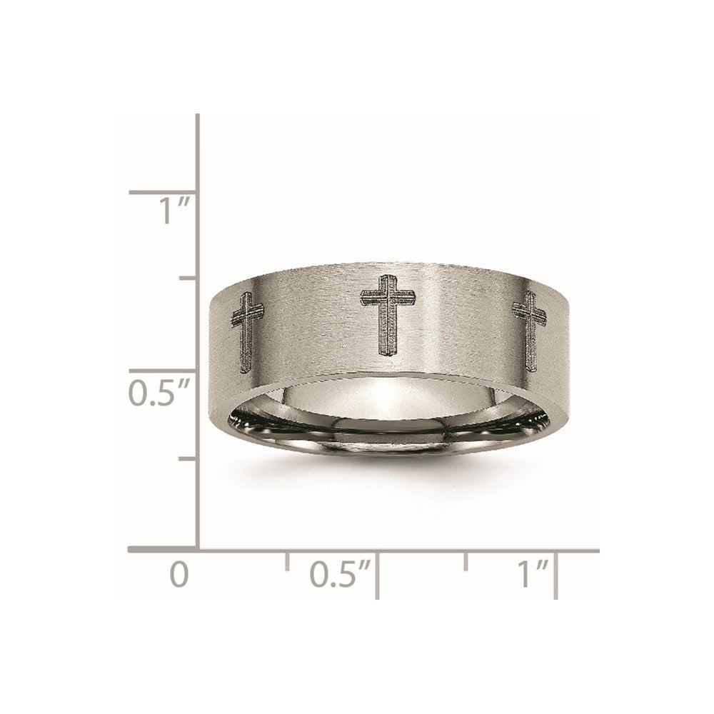 Titanium Brushed Cross Laser Design 8mm Flat Band Size - 7.5