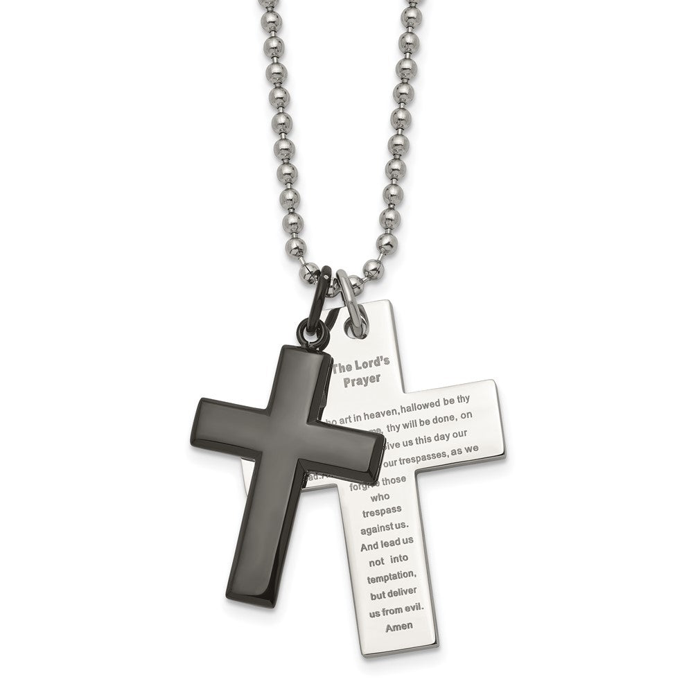 Stainless Steel Polished Black IP-plated Lord's Prayer Cross Necklace