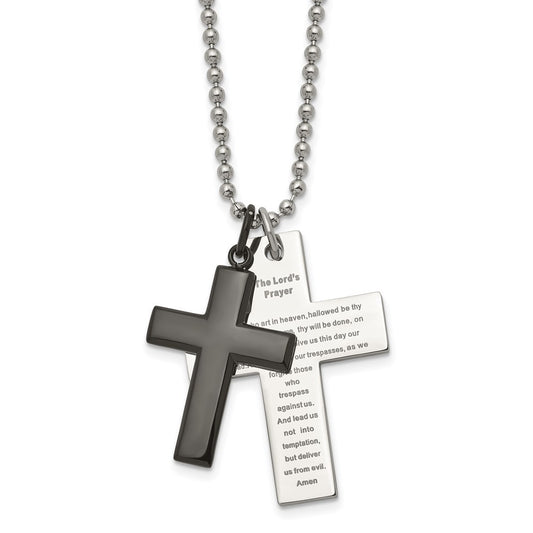 Stainless Steel Polished Black IP-plated Lord's Prayer Cross Necklace