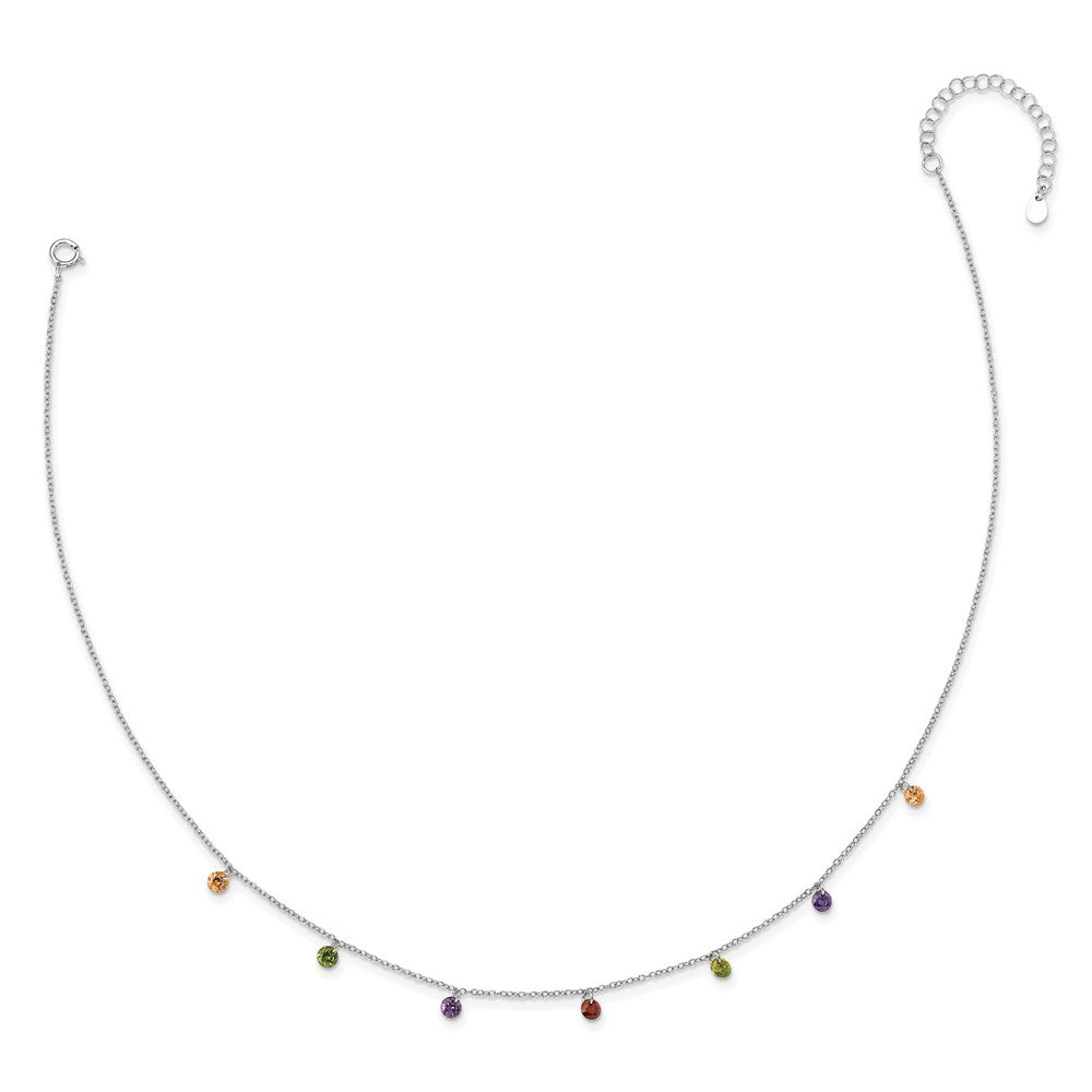 Prizma Sterling Silver Rhodium Plated 16 inch Dangling Colorful CZ Necklace with 2 inch Extender 16 Inches