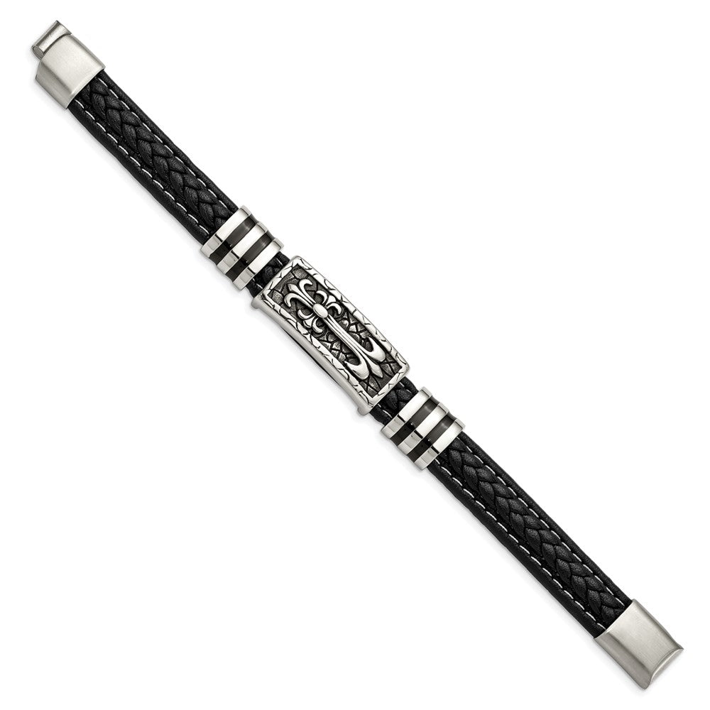 Stainless Steel Antiqued & Polished w/Enamel Faux Leather 8.5in Bracelet 8.5 inches