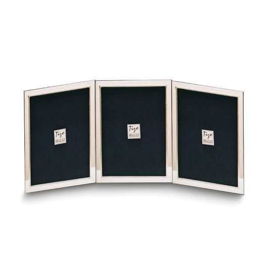 Sterling Silver Tarnish Resistant Narrow Portrait Hinged Beaded Triple 2x3 Photo Frame with Finished Wood Back