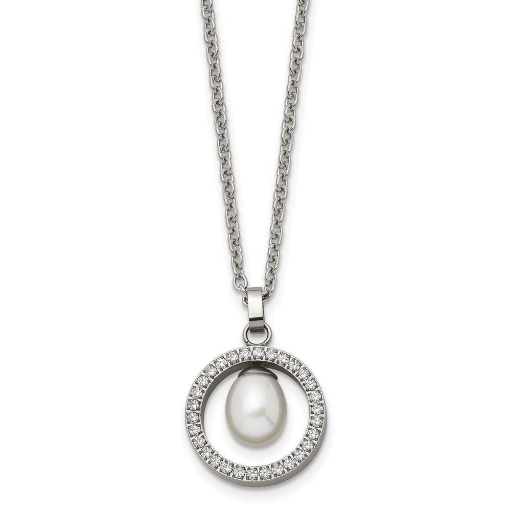 Titanium Polished w/CZ and Freshwater Cultured Pearl 22in Necklace