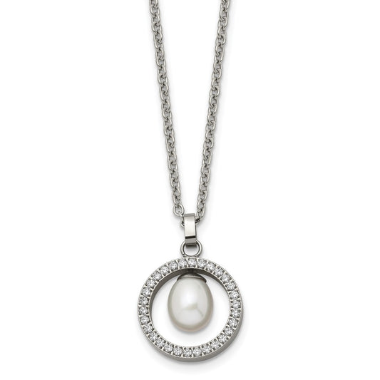 Titanium Polished w/CZ and Freshwater Cultured Pearl 22in Necklace