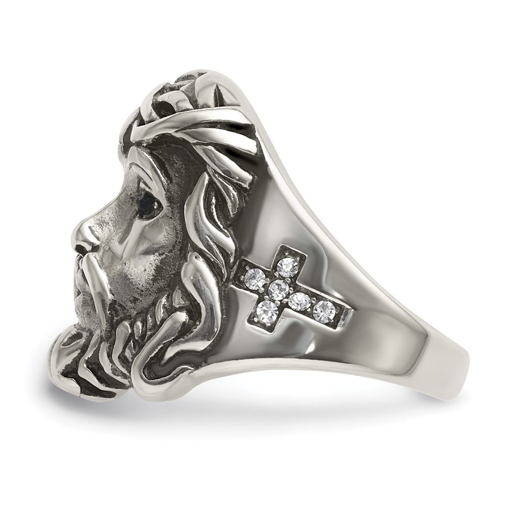 Stainless Steel Antiqued and Polished w/Black & White Crystal Jesus Ring Size - 12