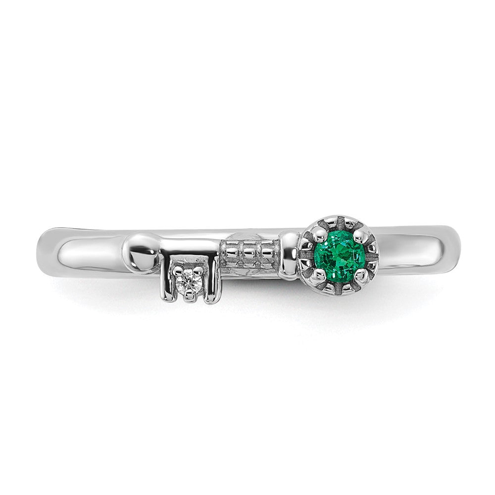 Sterling Silver Stackable Expressions Rhodium-plated Created Emerald and White Topaz Key Ring Size -9
