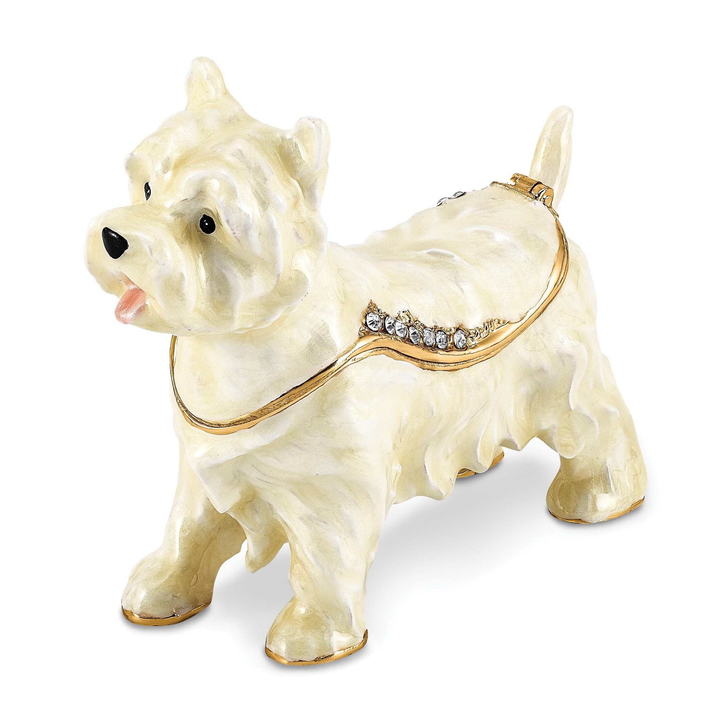Luxury Giftware Pewter Bejeweled Crystals Gold-tone Enameled WESTIE West Highland White Terrier Trinket Box with Matching 18 Inch Necklace Q-BJ4063