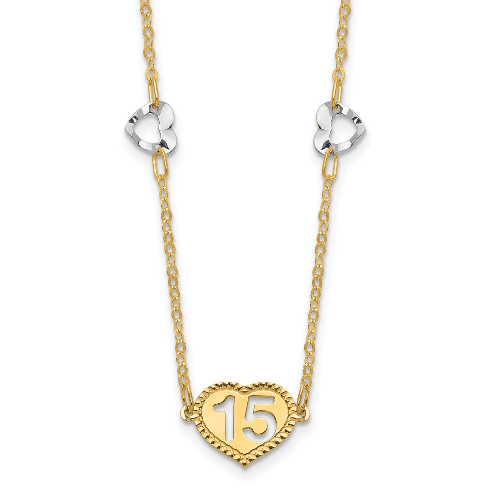 14K Two-tone Polished 15 Heart w/2 in ext Necklace