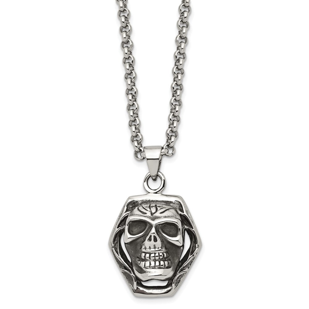 Stainless Steel Antiqued and Polished Skull 24in Necklace