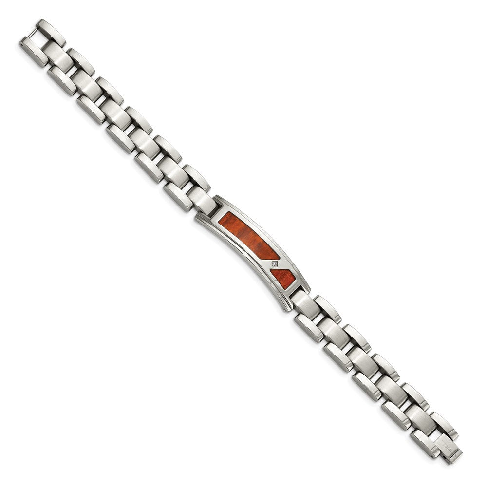 Stainless Steel Brushed and Polished w/Wood Inlay and CZ 8.5in Bracelet 8.5 inches