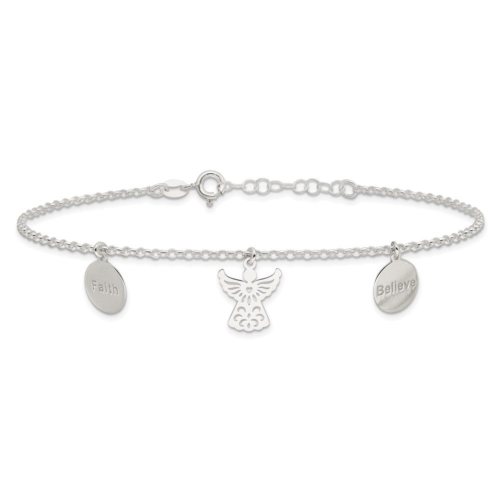 Sterling Silver Faith, Believe and Angel Dangles 9in Plus 1in Ext. Anklet 9 inches