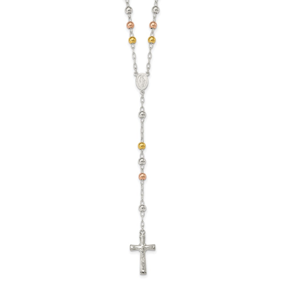 Sterling Silver Polished Rosary Tri-color Beads Necklace 26 Inches