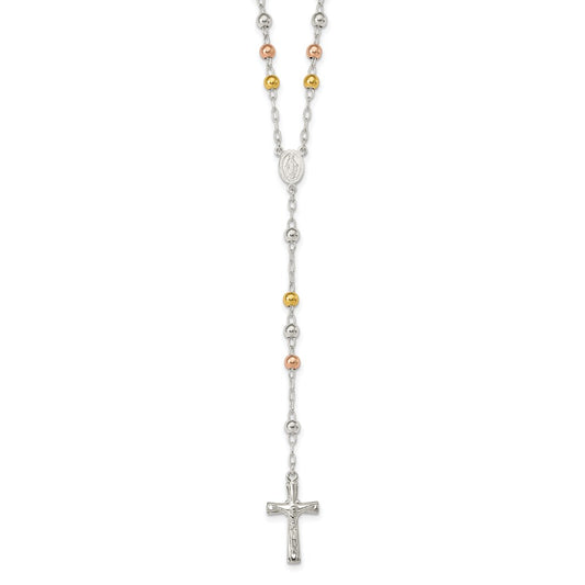 Sterling Silver Polished Rosary Tri-color Beads Necklace 26 Inches