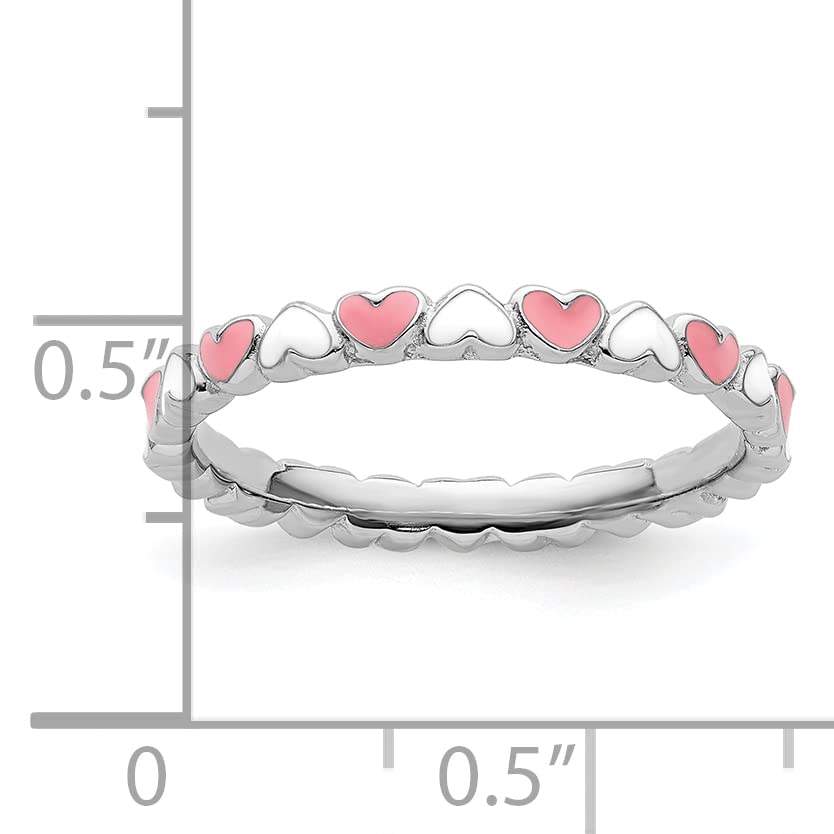 Sterling Silver Stackable Expressions Pink & White Enamel Heart Ring Size -9