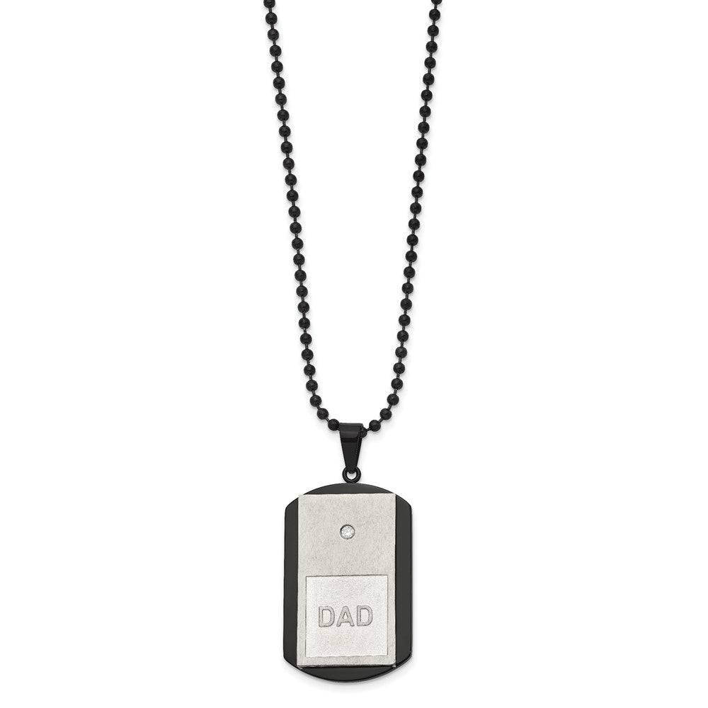 Stainless Steel Brushed & Polished Black IP w/CZ DAD Dog Tag Necklace