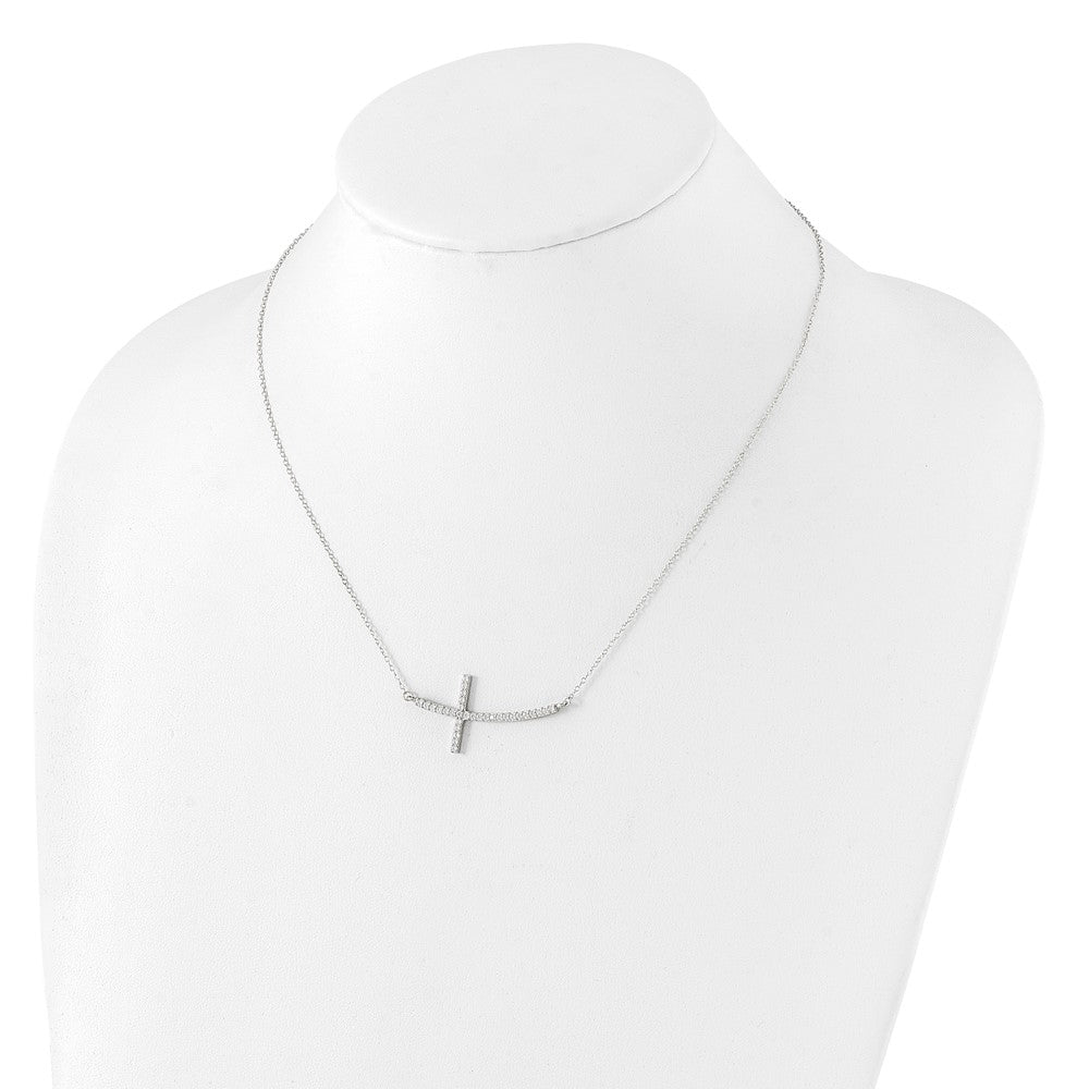 Sterling Silver Rhodium-plated CZ Sideways Cross w/2in Ext Necklace 16 Inches