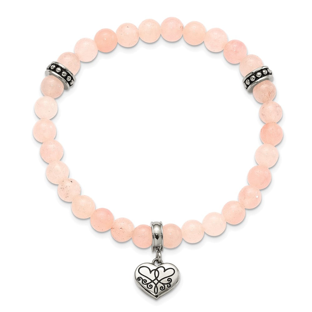 Stainless Steel Antiqued & Polished Pink Jade LOVE YOU Stretch Bracelet 6.5 inches
