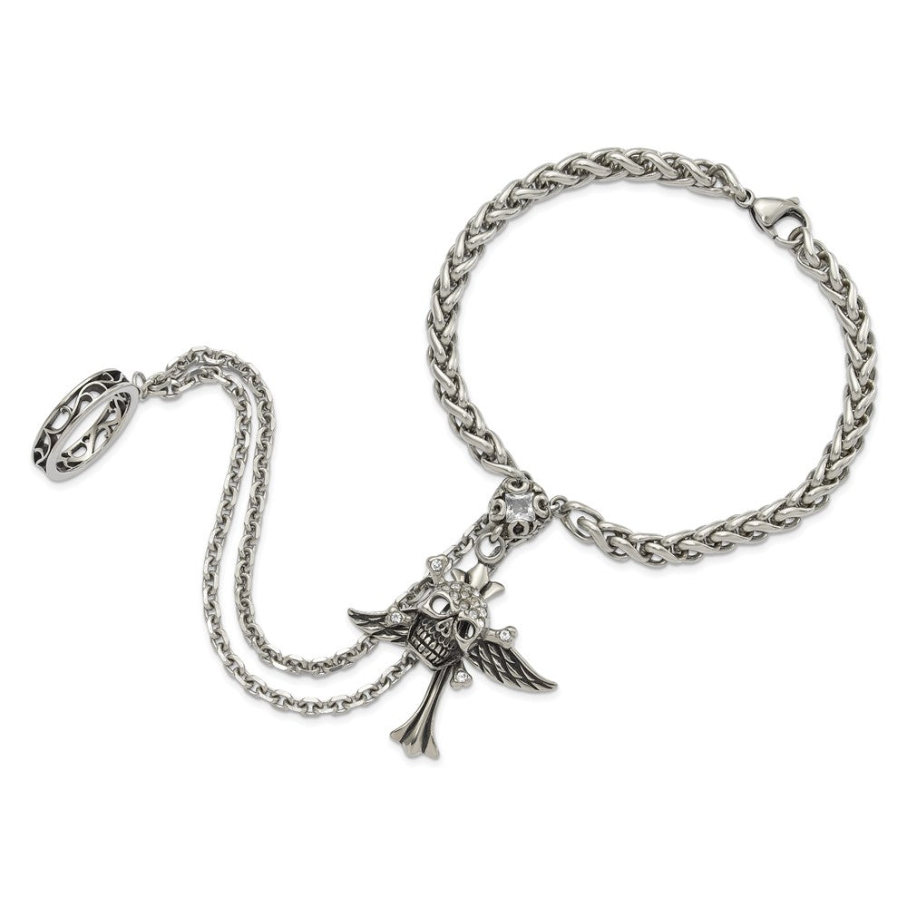 Stainless Steel Antiqued & Polished Winged Skull Cross Crystal Connect Bracelet & Ring