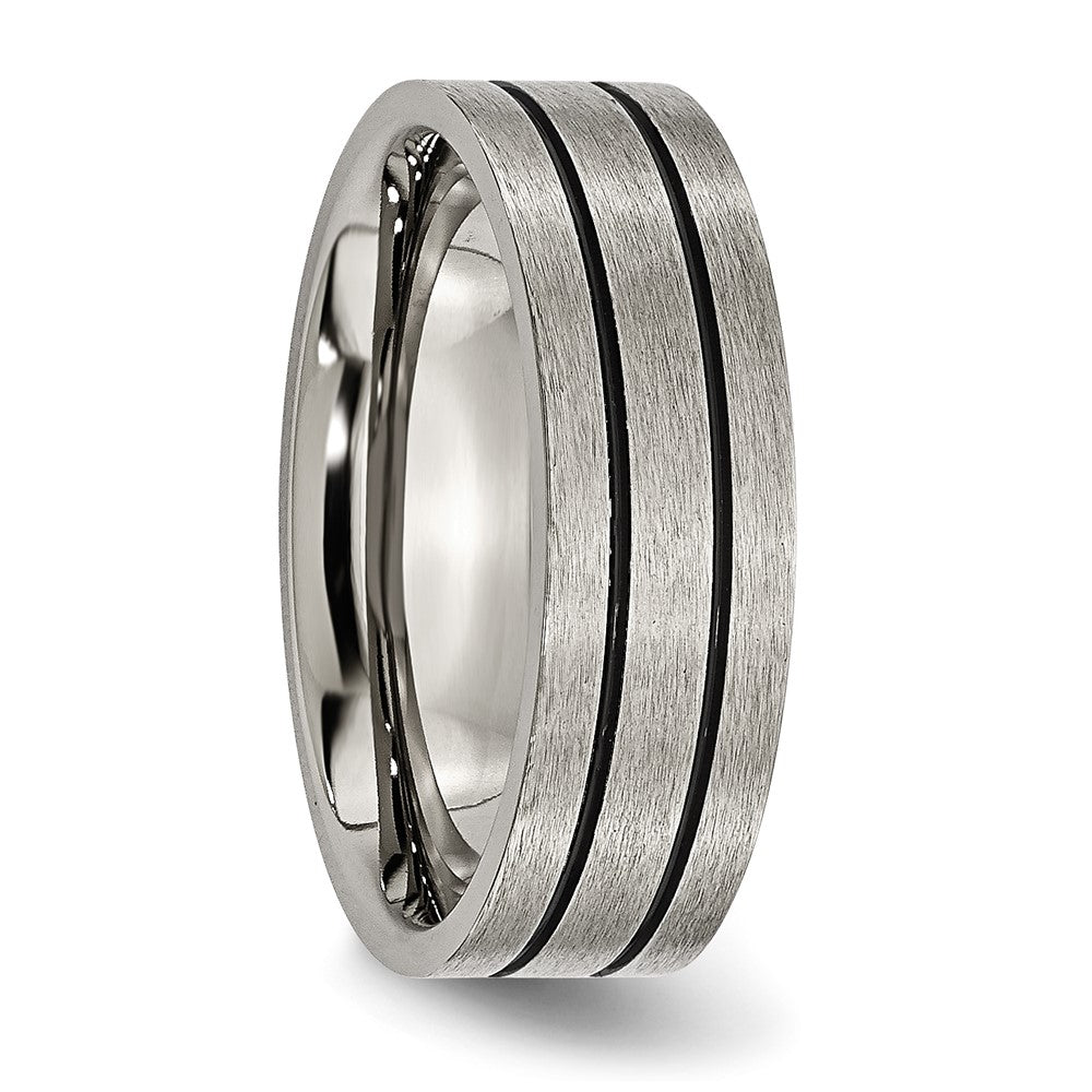 Chisel Titanium Brushed Black Enamel Grooved 7mm Flat Band Size - 9.5