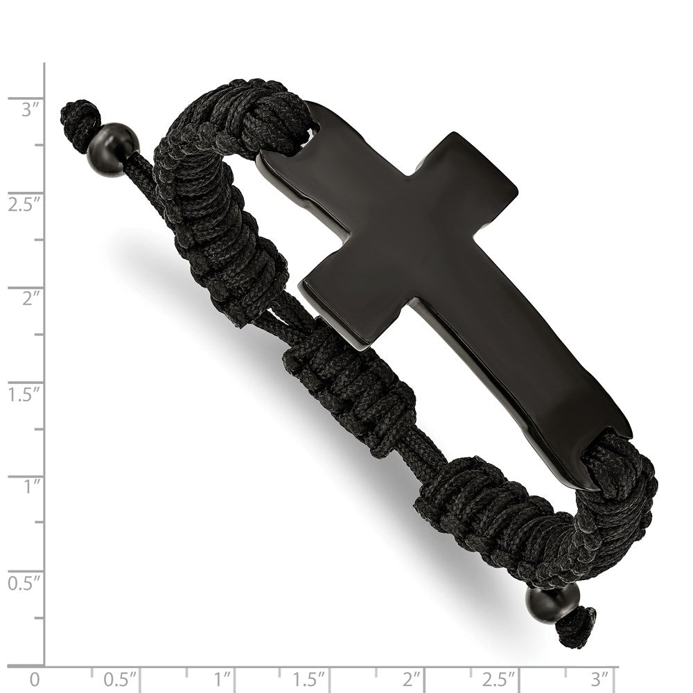Stainless Steel Polished Black IP Black Nylon Adjustable Cross Bracelet 9.25 inches