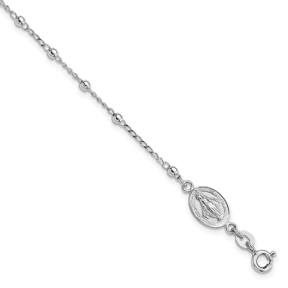 Sterling Silver Rhod-pltd Miraculous Medal/Cross w/1in ext. Bracelet 7 inches