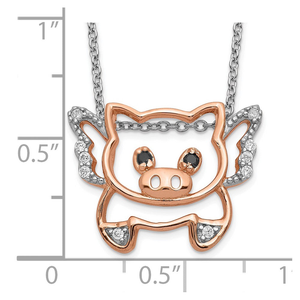 Cheryl M Sterling Silver Rose Gold-plated Brilliant-cut Black Glass and Brilliant-cut White CZ Flying Pig 18 Inch Necklace 18 Inches