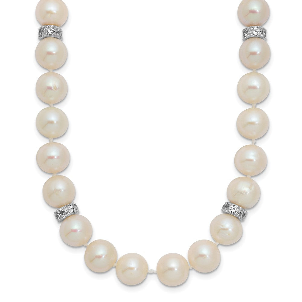 Sterling Silver Rhodium-plated 9-10mm White Near-Round Freshwater Cultured Pearl and CZ 18 inch Necklace 18 Inches