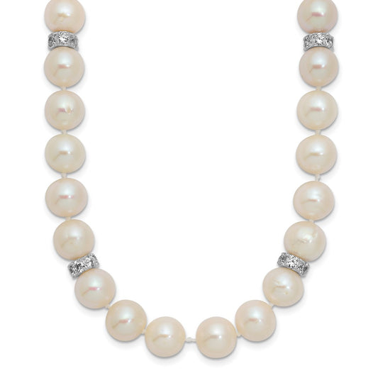 Sterling Silver Rhodium-plated 9-10mm White Near-Round Freshwater Cultured Pearl and CZ 18 inch Necklace 18 Inches