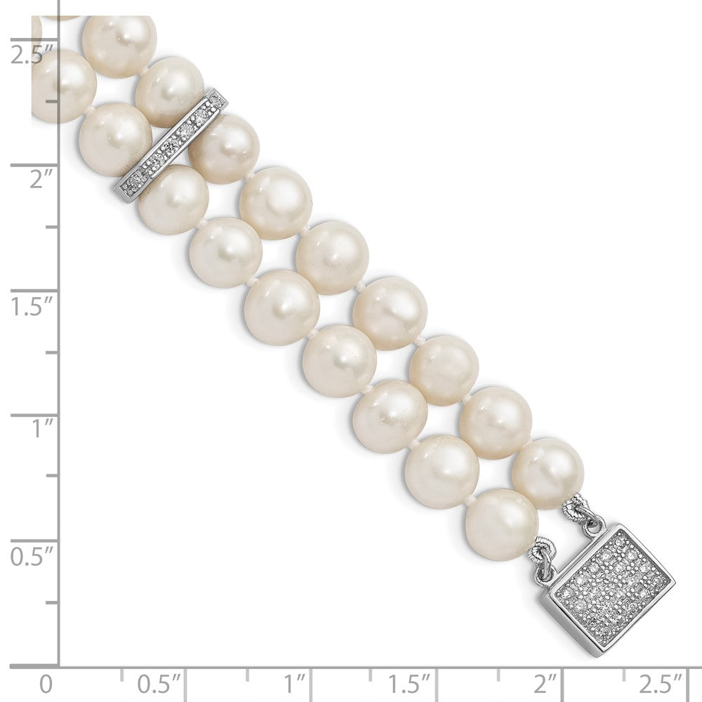 Sterling Silver Rhodium-plated 7-8mm White Near-round Freshwater Cultured Pearl and CZ 2-Strand 7 inch Bracelet 7 inches