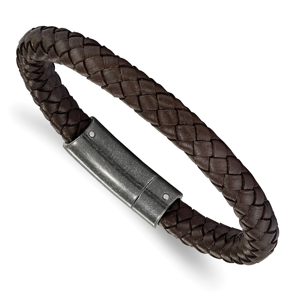 Stainless Steel Brushed Brown Braided Leather 8.25in Bracelet 8.25 inches