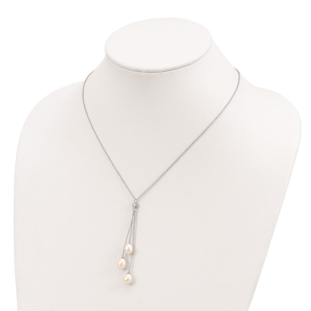 Sterling Silver Rhodium-plated 7-8mm White Teardrop Freshwater Cultured Pearl and CZ Drop 18 inch Necklace 18 Inches