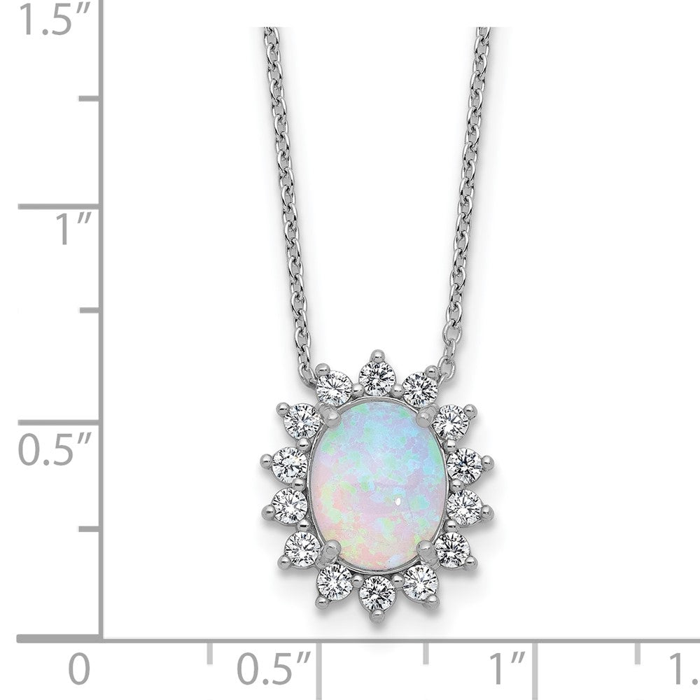 Cheryl M Sterling Silver Rhodium-plated Polished Created Opal and CZ Oval Halo Necklace 18 Inches