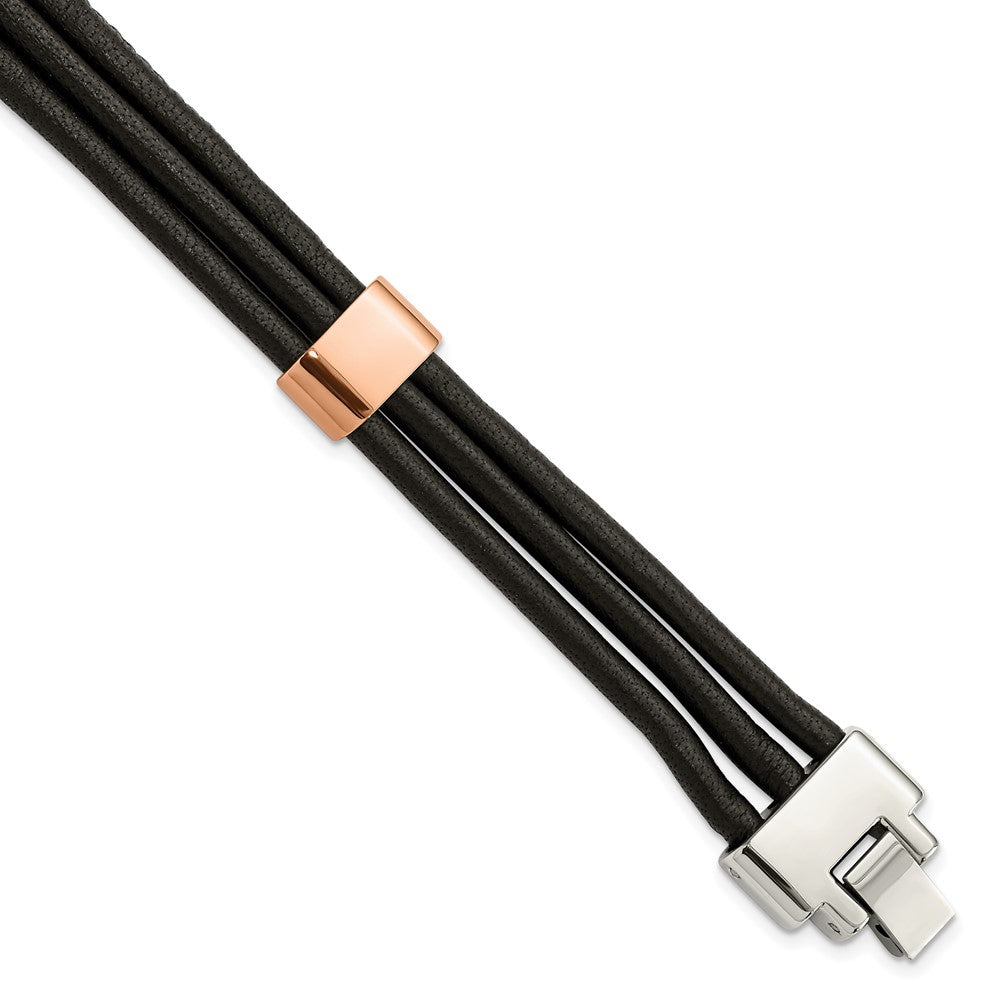 Stainless Steel Polished Rose IP-plated Black Leather 8in Bracelet 8 inches
