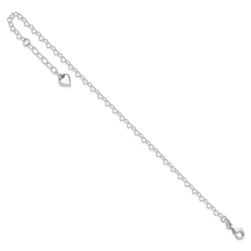 Sterling Silver Polished Puffed Heart 9in Plus 1in ext. Anklet 9 inches
