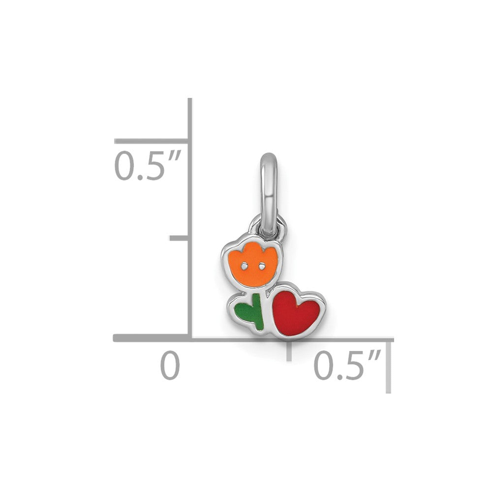 Sterling Silver Rhodium-plated Polished Orange/Red/Green Enamel Flower With Heart Childrens Pendant
