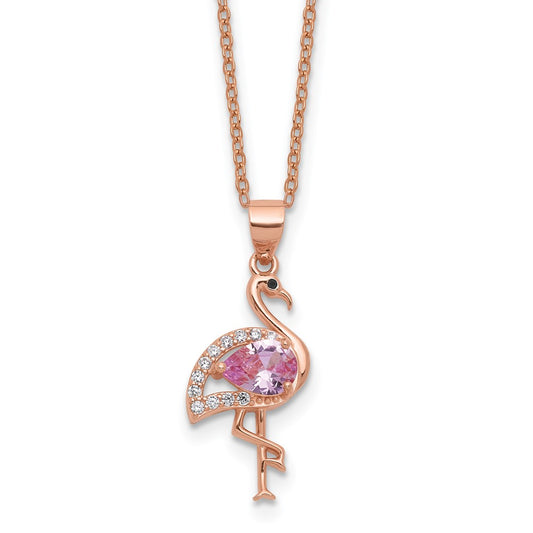 Cheryl M Sterling Silver Rose-tone Polished Lab Created Ruby Black Spinel and CZ Flamingo Necklace 18 Inches