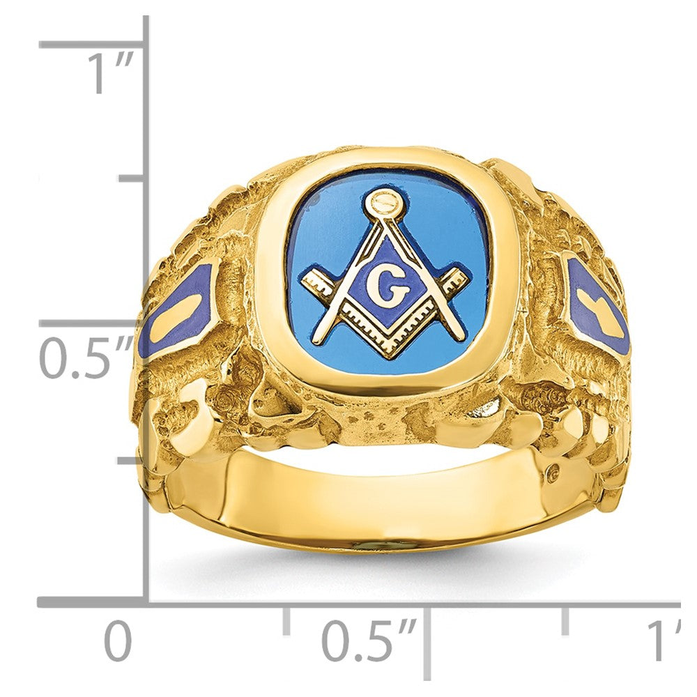 IBGoodman 14k Men's Polished and Nugget Textured with Blue Enamel and Lab Created Sapphire Blue Lodge Master Masonic Ring